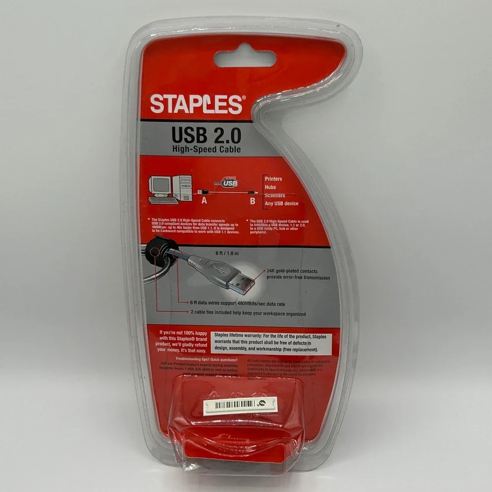 Staples USB 2.0 High Speed Cable 6 ft Black Includes 2 Cable Ties NEW IN PACKAGE